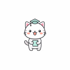 Cute Cartoon Kitty Graduates! Adorable cat in graduation cap holds diploma Perfect for celebrating academic achievements with cuteness!