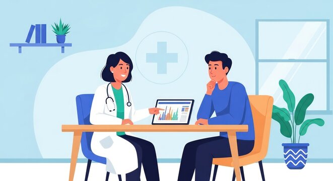 Doctor Explaining Medical Report to Patient on Tablet in Clinic, Healthcare Illustration - Powered by Adobe