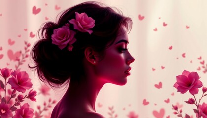 A close up portrait of a woman with her eyes closed against a backdrop of pink flowers. Her hair is styled in an updo and she has a soft expression