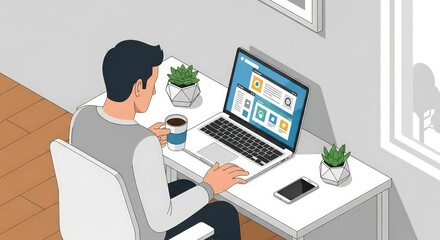Remote Work Lifestyle: Man Working on Laptop with Coffee and Plant at Home, Vector Illustration