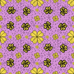 Yellow Doodle Flower Seamless Pattern on Purple Background
