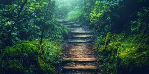 A misty jungle trail disappearing into the dense canopy