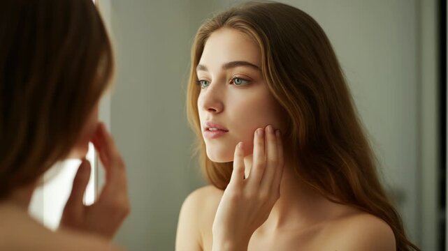 Young woman examining her flawless skin in the mirror