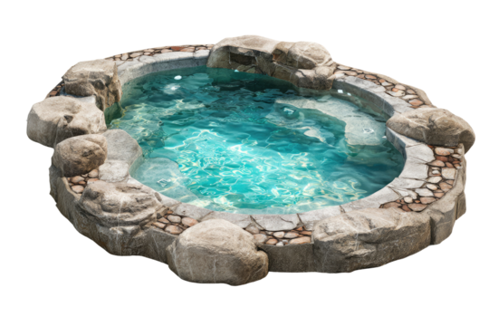 Oval hot tub nestled in a stone alcove.  Clear turquoise water.  Natural stone surrounds