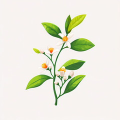 Floral Branch: A detailed illustration of a blooming branch with delicate white flowers vibrant green leaves and small buds against a soft backdrop