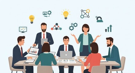 Diverse Business Team Meeting, Brainstorming Session, Strategy Planning Vector Illustration