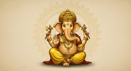 Fototapeta premium Illustration of Lord Ganesha, seated in a meditative pose, holding symbolic objects, against a decorative mandala background.