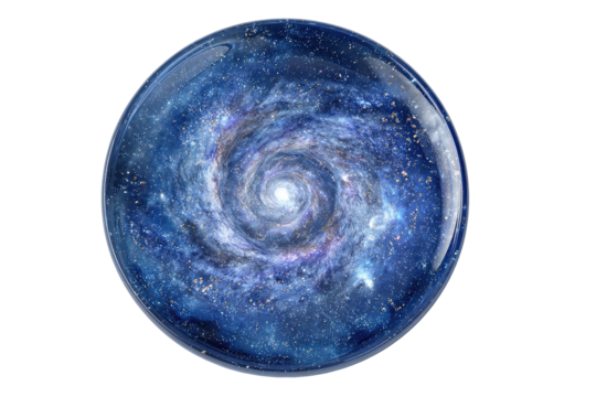 A swirling galaxy contained within a clear sphere.  Cosmic spiral galaxy image in a glass orb