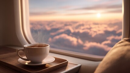 Steaming coffee cup on wooden tray near airplane window overlooking sunset clouds