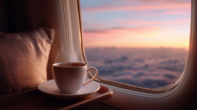 Steaming coffee cup on tray near airplane window with cloudy sky at sunset