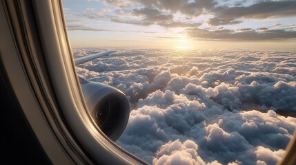 Naklejka premium View from airplane window showing fluffy clouds and sunset with visible jet engine and wing