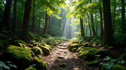 Obraz premium Sunlit Path Through Mossy Forest: Tranquil Woodland Scene with Greenery and Sunlight