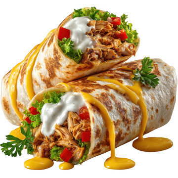 Chicken shawarma wrap with dripping sauce, isolated white and transparent background.