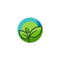 Green Leaf Icon in Circle with Blue and Green Illustration