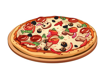 Delicious pizza topped with pepperoni, olives, and fresh vegetables placed on a wooden platter. Food concept
