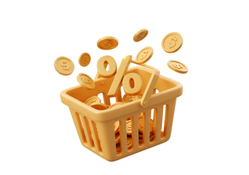 Gold Shopping Basket with Coins and Percentage Symbol Illustration