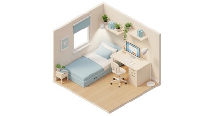 Isometric view of a bedroom with a bed desk chair and plants in a well lit and organized space
