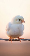 Obraz premium Fluffy White Chick Perched on a Wire at Sunset chicken