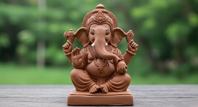 Terracotta Ganesha statue, seated, detailed craftsmanship, serene expression, outdoors.