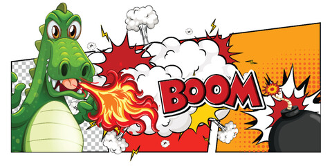 Cartoon Dragon Breathing Fire with Comic Explosion