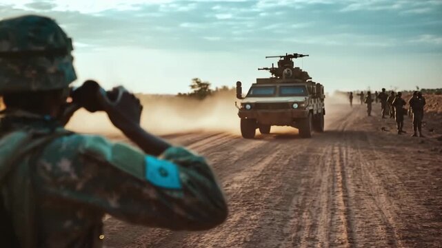 Cinematic slow-motion orbit shot of UN peacekeepers on dusty patrol with armored vehicle at sunrise &ndash; powerful military and humanitarian mission footage for International Day of UN Peacekeepers