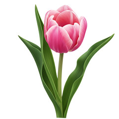 Fototapeta premium Isolated Photo Of A Pink Tulip With Green Leaves On Transparent Background