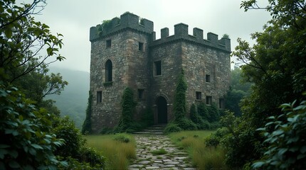 Stone Castle Tower with Ivy, Surrounded by Lush Greenery and Foggy Mountain Backdrop