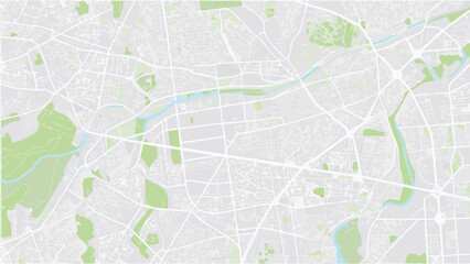 Fototapeta premium Vector aerial view of a city map featuring parks, waterways, and a network of streets and roads layout design