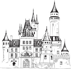 Fototapeta premium Engraved Castle Architecture Vector Pack – Retro Fortresses, Towers, and Scenic Keeps