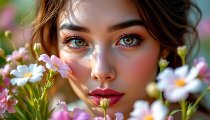 A woman with vibrant blue eyes, who is holding a bouquet of flowers close to her face