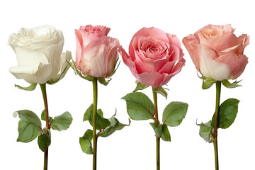 Close-up of four roses in varying shades of pink and white, displayed against a black background.  The stems and leaves are visible