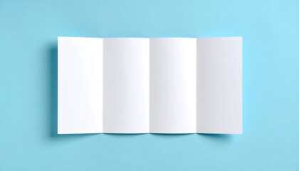 Blank four-panel brochure mockup template. White z-fold leaflet lying on a blue background for presentation.