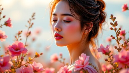 A young woman with an enchanting gaze, set against a backdrop of delicate pink flowers.