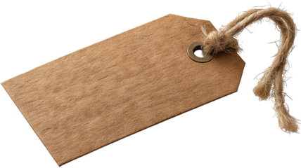 Angled brown kraft paper tag with twine knot isolated on transparent background — high-resolution rustic recycled label mockup for pricing, gifting, branding, packaging, and decorative craft design
