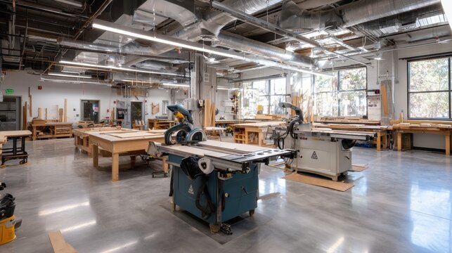 Woodworking class, workshop tools, bright windows, design school
