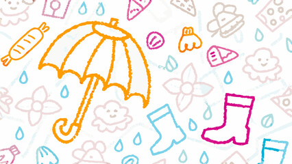 Hand drawn style illustration featuring an umbrella rain boots and various other whimsical elements
