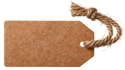 Angled brown kraft paper tag with twine knot isolated on transparent background — high-resolution rustic recycled label mockup for pricing, gifting, branding, packaging, and decorative craft design