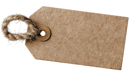 Angled brown kraft paper tag with twine knot isolated on transparent background — high-resolution rustic recycled label mockup for pricing, gifting, branding, packaging, and decorative craft design