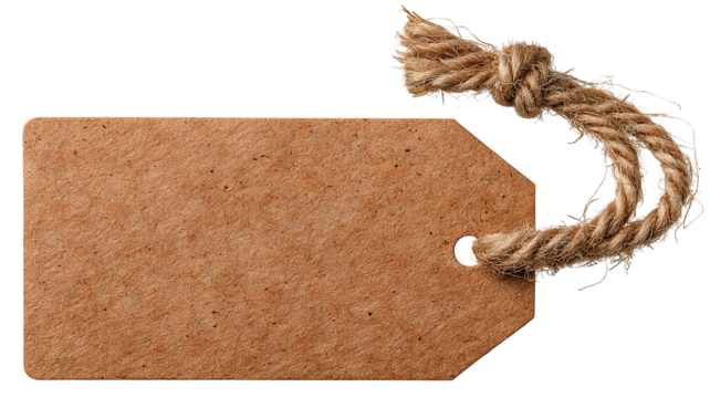 Angled brown kraft paper tag with twine knot isolated on transparent background — high-resolution rustic recycled label mockup for pricing, gifting, branding, packaging, and decorative craft design