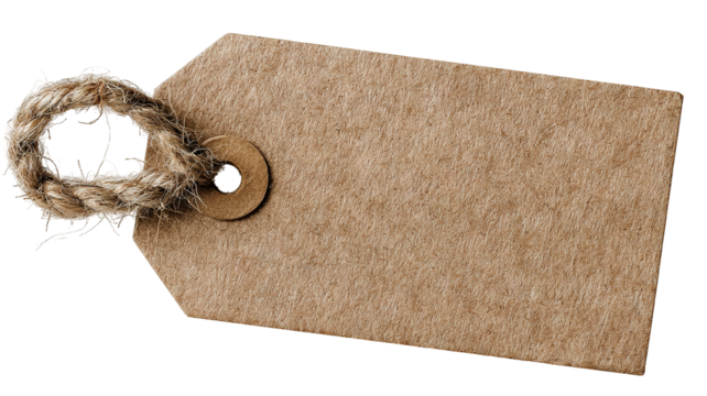 Angled brown kraft paper tag with twine knot isolated on transparent background — high-resolution rustic recycled label mockup for pricing, gifting, branding, packaging, and decorative craft design