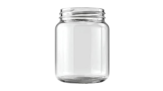 Blank clear glass jar mockup isolated on transparent background — high-resolution PNG cutout for branding, packaging design, label presentation, and product display templates