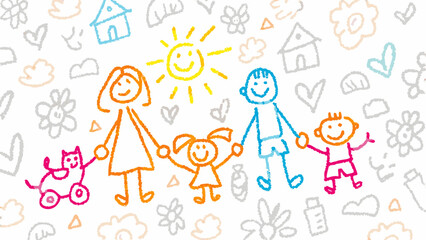 Stylized crayon drawing of a family holding hands with a cat and sun in a doodle background