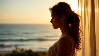 A woman stands against a window with curtains, looking out over an ocean view at sunset