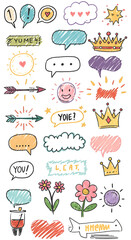 Hand Drawn Speech Bubbles Icons And Emoticons Set Isolated Illustration