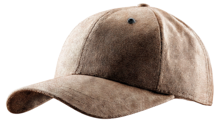 Brown baseball cap isolated on transparent background — high-resolution PNG cutout mockup, blank hat template for branding, apparel design, sportswear merchandising, clean studio lighting