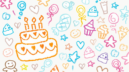 A delightful drawing featuring a birthday cake surrounded by hearts stars and other festive elements