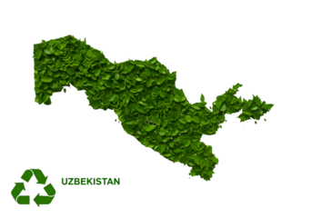 Green Leaf Uzbekistan Map Illustration with Recycle Symbol on Black Background