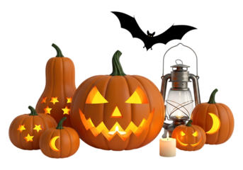 A collection of carved halloween pumpkins and a lantern isolated on transparent background