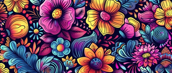 Floral pattern art, a colorful and detailed floral doodle pattern ideal for wallpapers and artistic endeavors