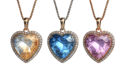 Elegant heart-shaped gemstone pendant necklaces in vibrant colors — luxury jewelry mockup with gold, silver and rose gold finishes, high-resolution PNG cutout isolated on transparent background
